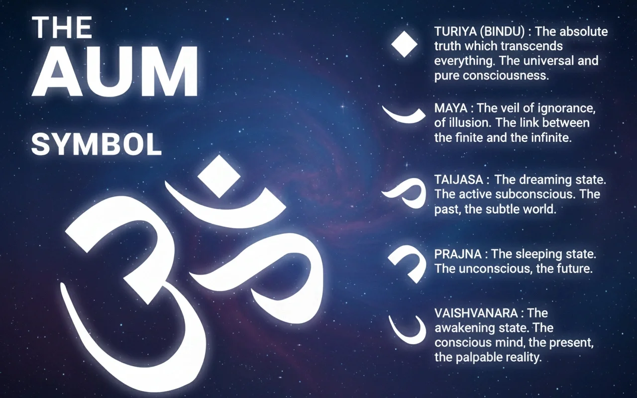 The AUM Symbol - Sacred Om with meanings: Turiya (Bindu), Maya, Taijasa, Prajna, and Vaishvanara explained